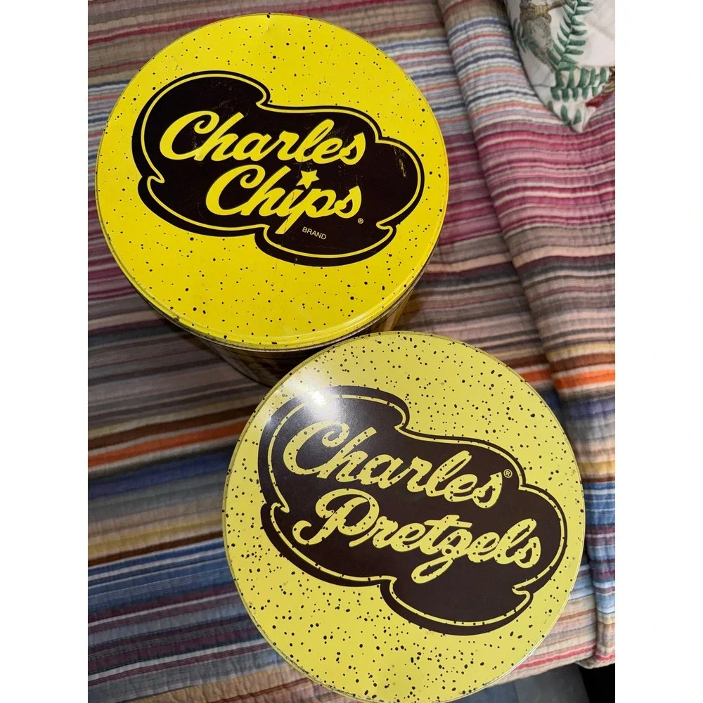 Vintage Charles Chips and Charles Pretzels Tin Set Yellow Brown Retro Snack Cans